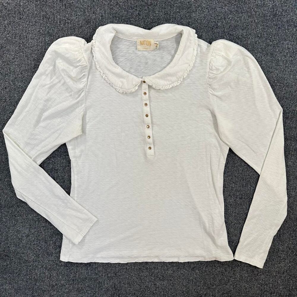Nation LTD Women’s Dabney Prim And Proper Tee White Preppy Pima Cotton Cottage M
